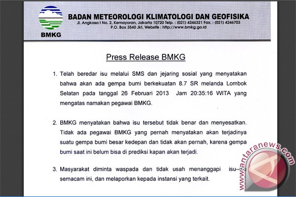 BMKG jelaskan soal isu gempa besar di Lombok BMKG jelaskan soal isu gempa besar di Lombok