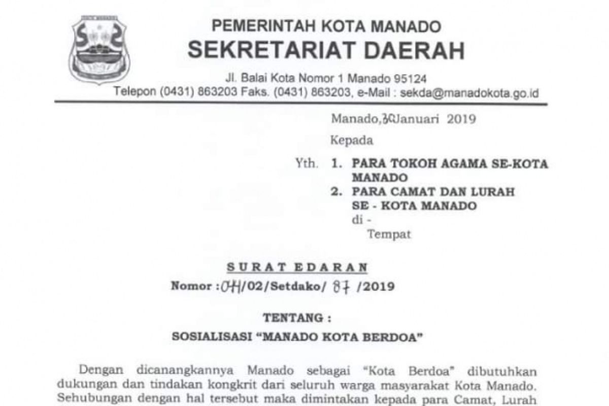 Pemkot keluarkan edaran sosialisasi Manado Kota Berdoa