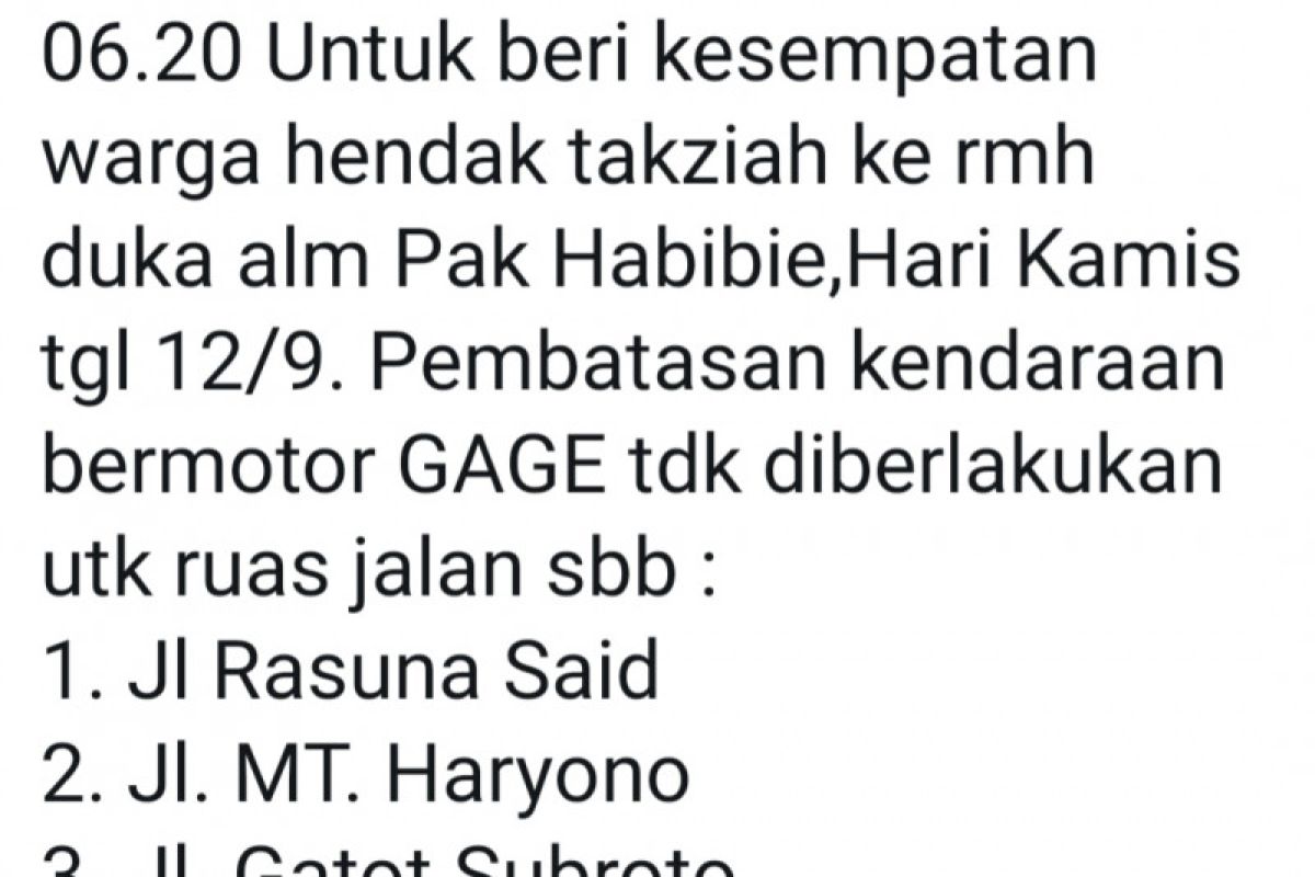 Habibie Wafat, Permudah masyarakat melayat, tiga ruas jalan ganjil genap sementara dihentikan