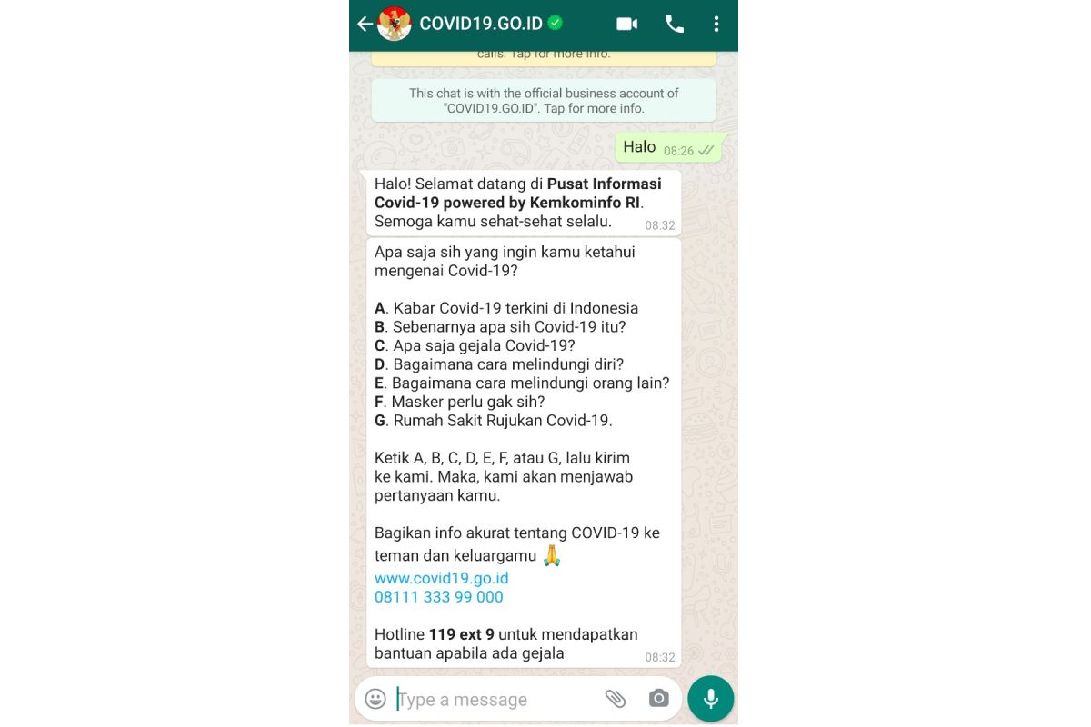 Ini nomor resmi hotline chatbot WhatsApp Corona