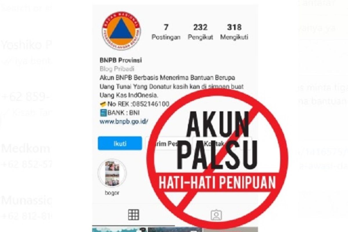 Hati-hati penipuan atasnamakan BNPB untuk mencari donasi