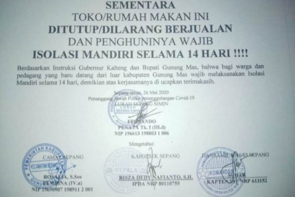 Isolasi mandiri, tim gugus tugas tutup sejumlah toko di Gumas