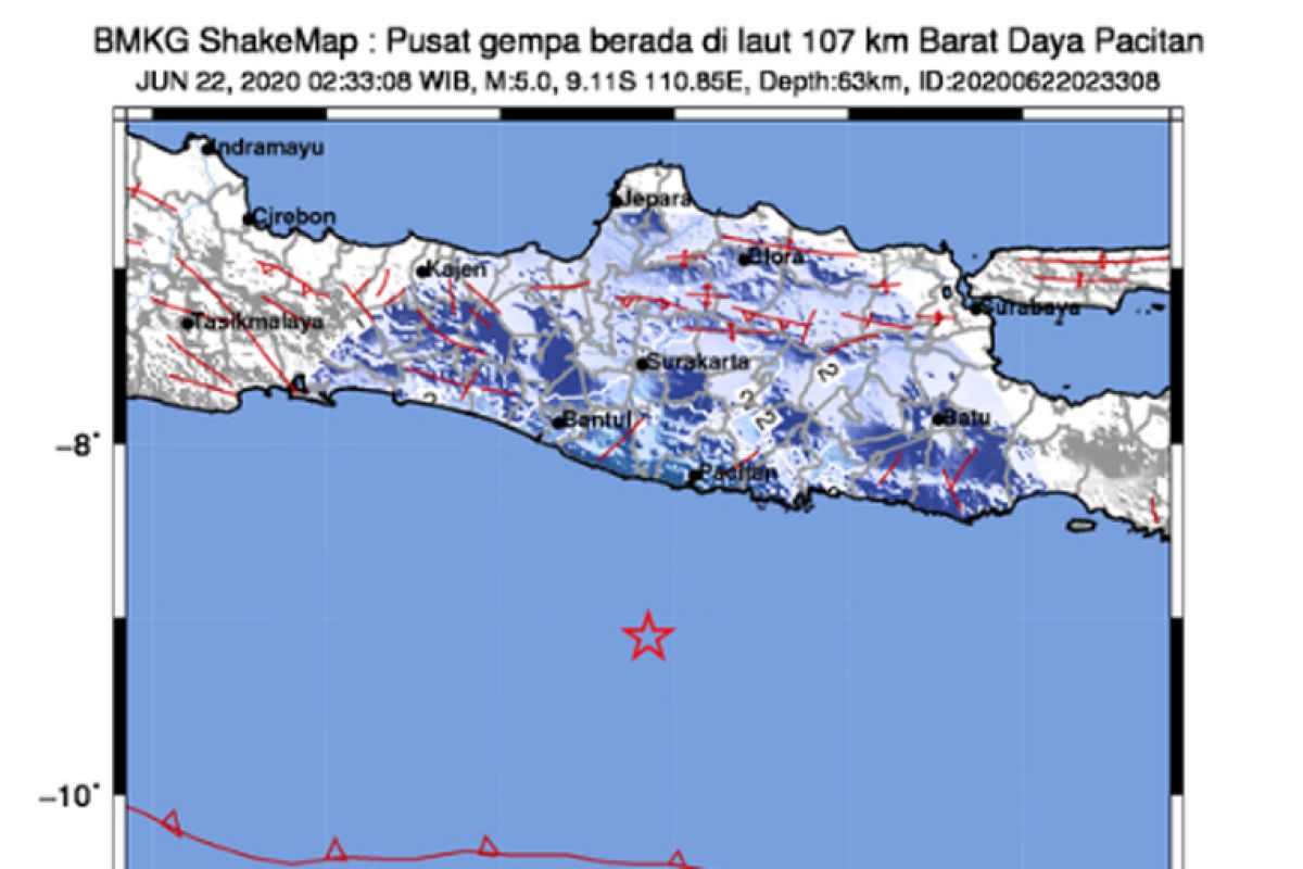 Gempa magnitudo 5,0 landa Pacitan, Jatim