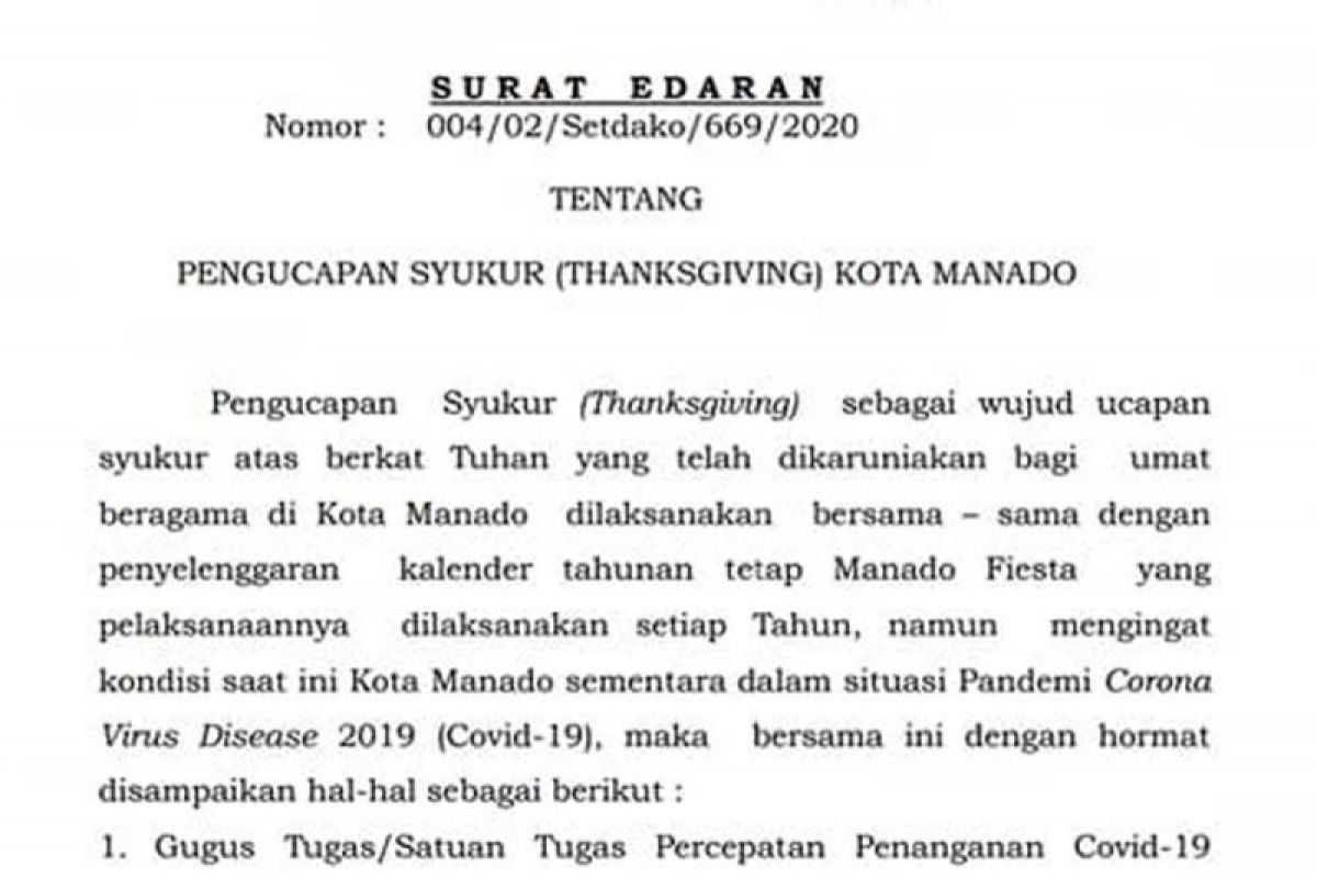 Perayaan thanksgiving Manado 30 Agustus sederhana dengan protokol kesehatan