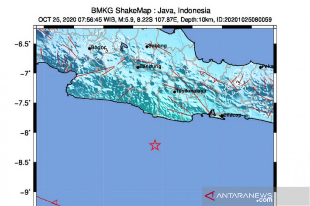 Gempa magnitudo 5,9 di Pangandaran tak berpotensi tsunami