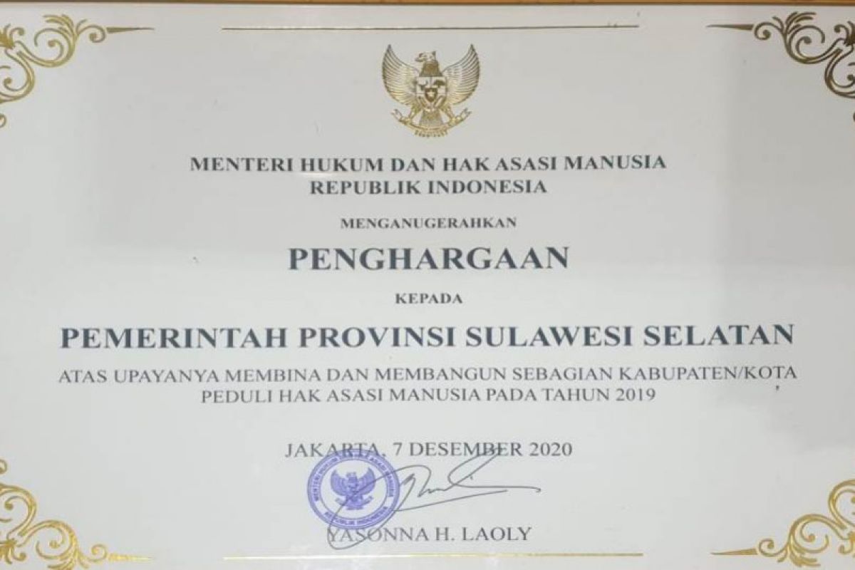 Pemprov Sulsel dapat penghargaan Pembina Kabupaten/Kota Peduli HAM dari Menkumham