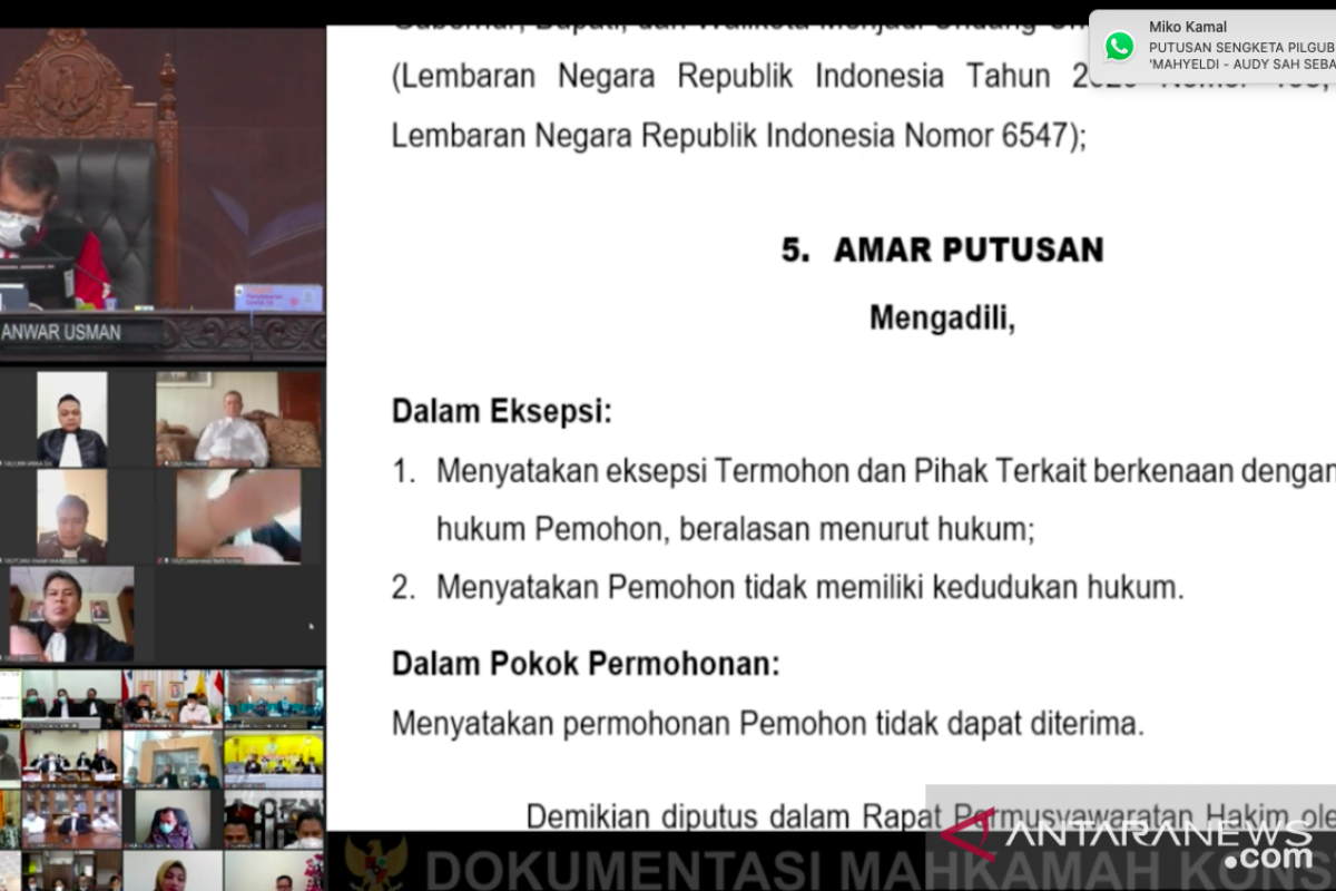 MK  juga tolak gugatan yang diajukan Cagub Sumbar Nasrul Abit-Indra Catri