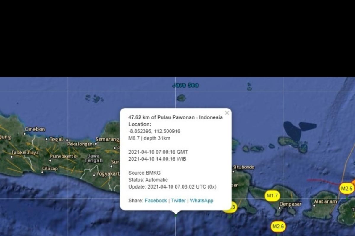 Gempa magnitudo 6,7  terasa di sejumlah wilayah Jatim