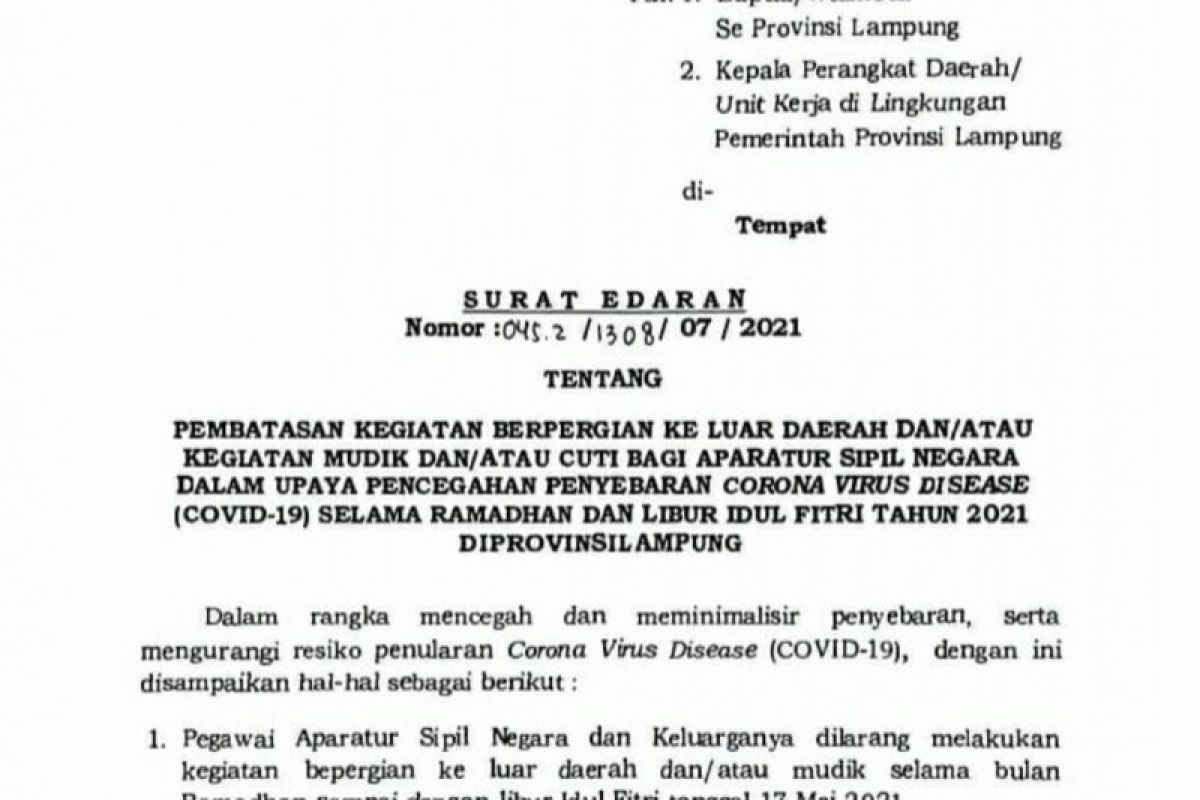 Pemprov Lampung terbitkan edaran larangan mudik bagi ASN