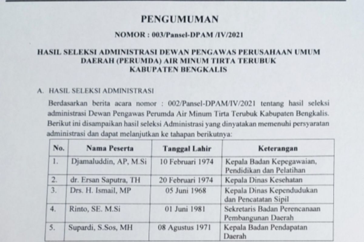 Pansel umumkan lima calon Dewas PDAM  Bengkalis