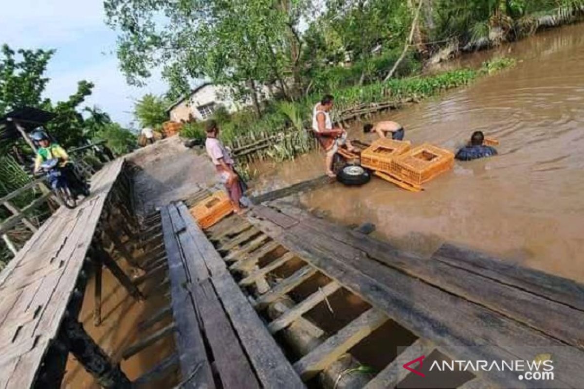 Lewati jembatan tak layak, Mobil pengangkut ayam di Inhil terjerumus ke sungai