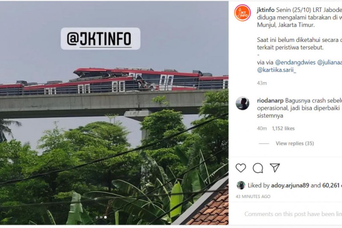 Kereta LRT Jabodebek  tabrakan di Jalur Layang Cibubur