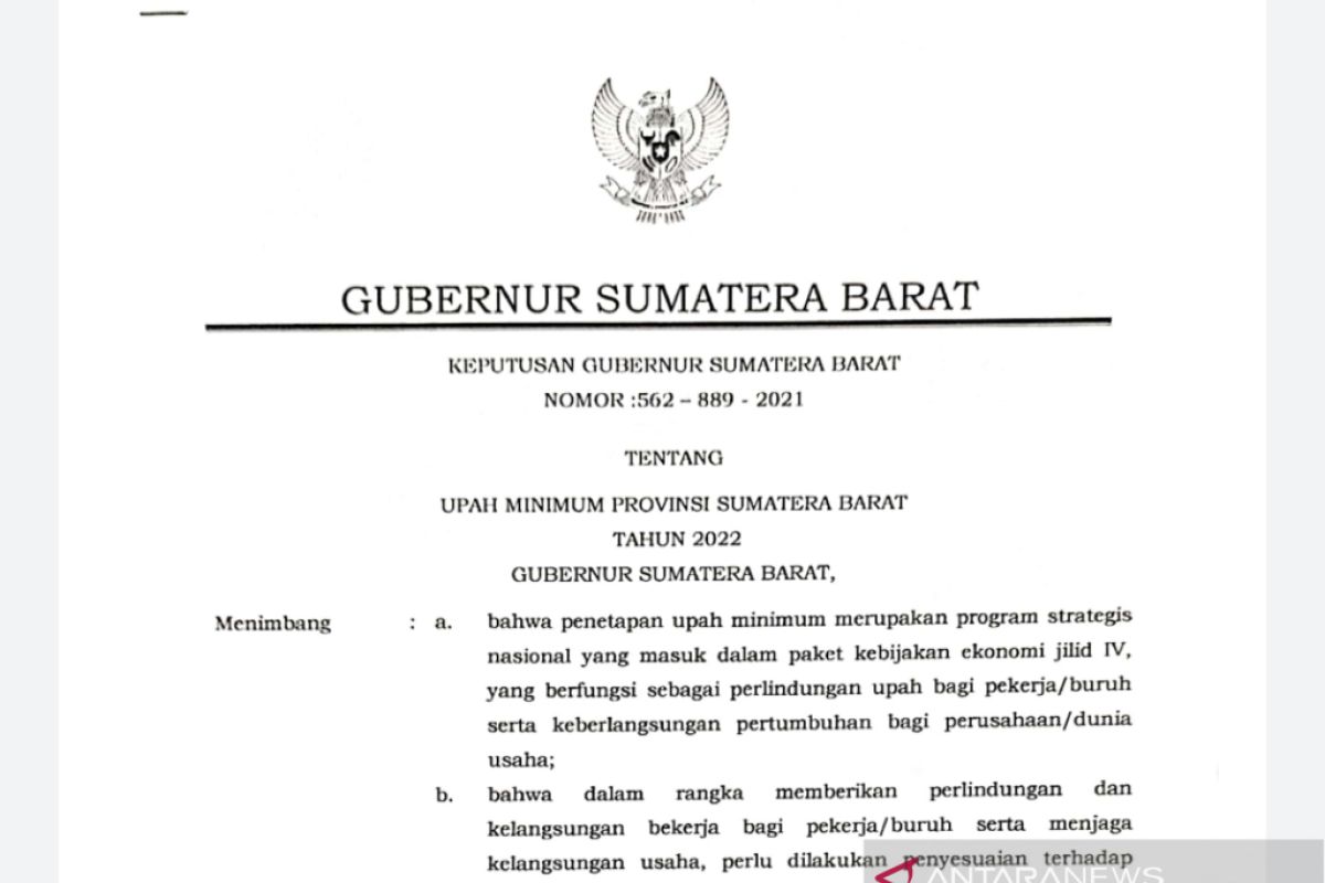 Provinsi Sumbar tetapkan UMP 2022 jadi Rp2,51 juta/bulan