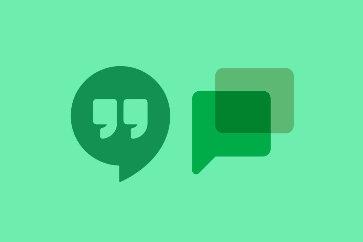 Google Chat and Hangouts logos on green background