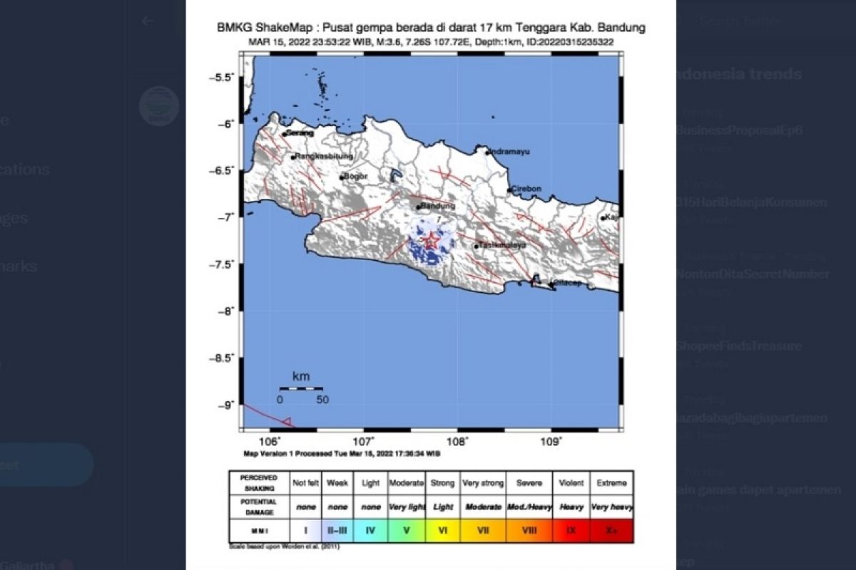 Gempa bumi dirasakan di Ciparay Bandung jelang Rabu tengah malam