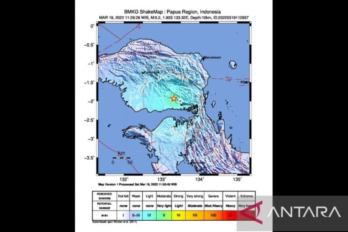 Gempa bumi dengan magnitudo 5,2 terjadi di Teluk Bintuni, Papua Barat