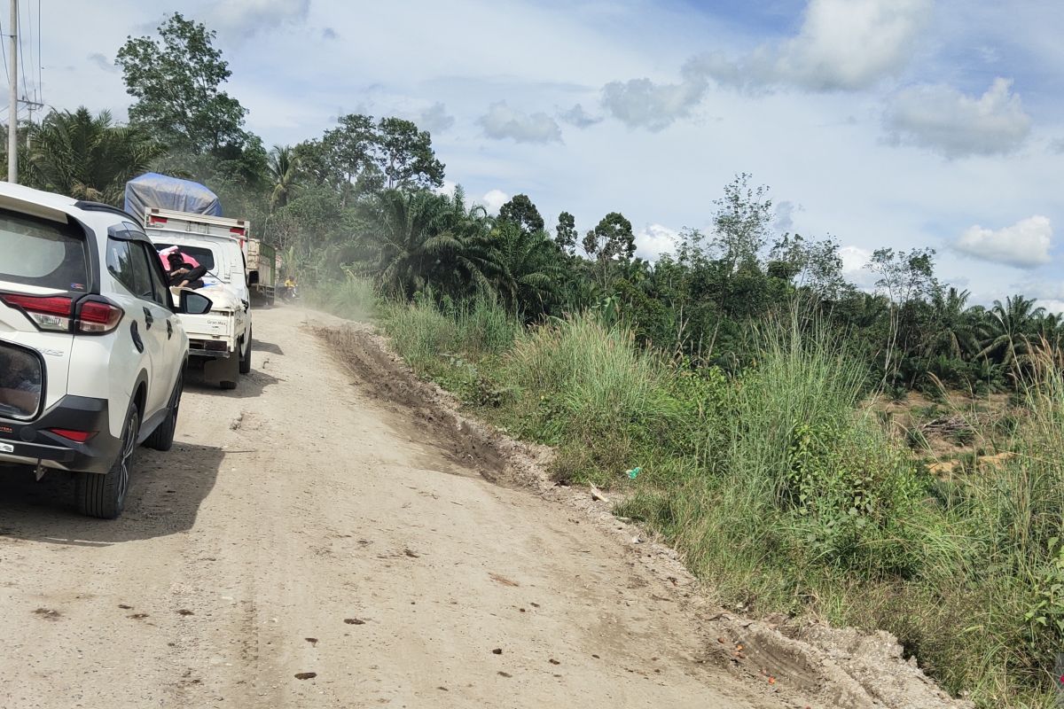 Jalan berlubang, sejumlah kendaraan harus antre di Kelayang Inhu