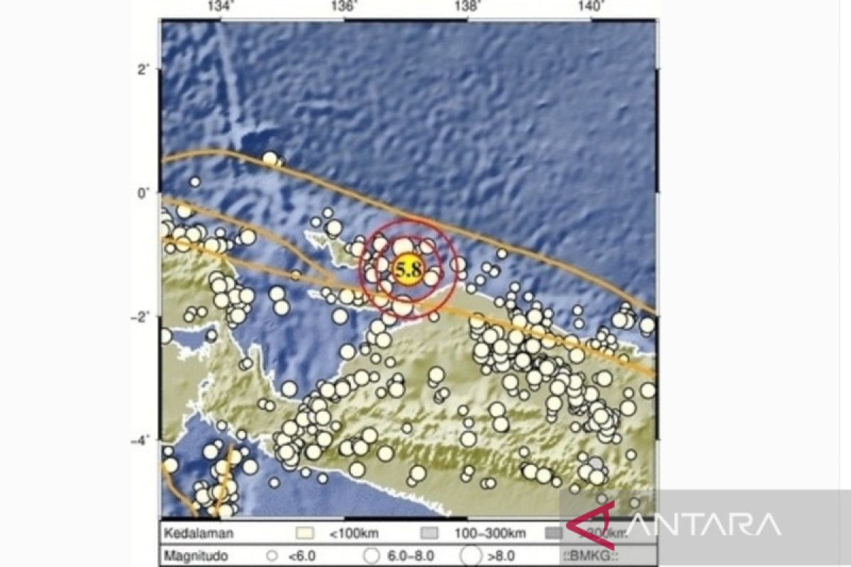 Gempa bumi magnitudo 5,8 terjadi di timur laut Kepulauan Yapen