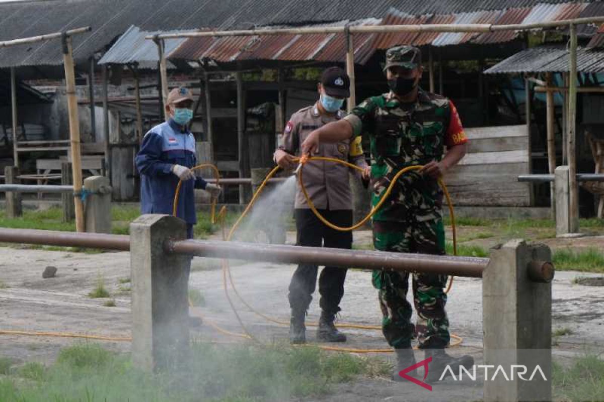 Petugas gabungan semprot disinfektan di pasar hewan