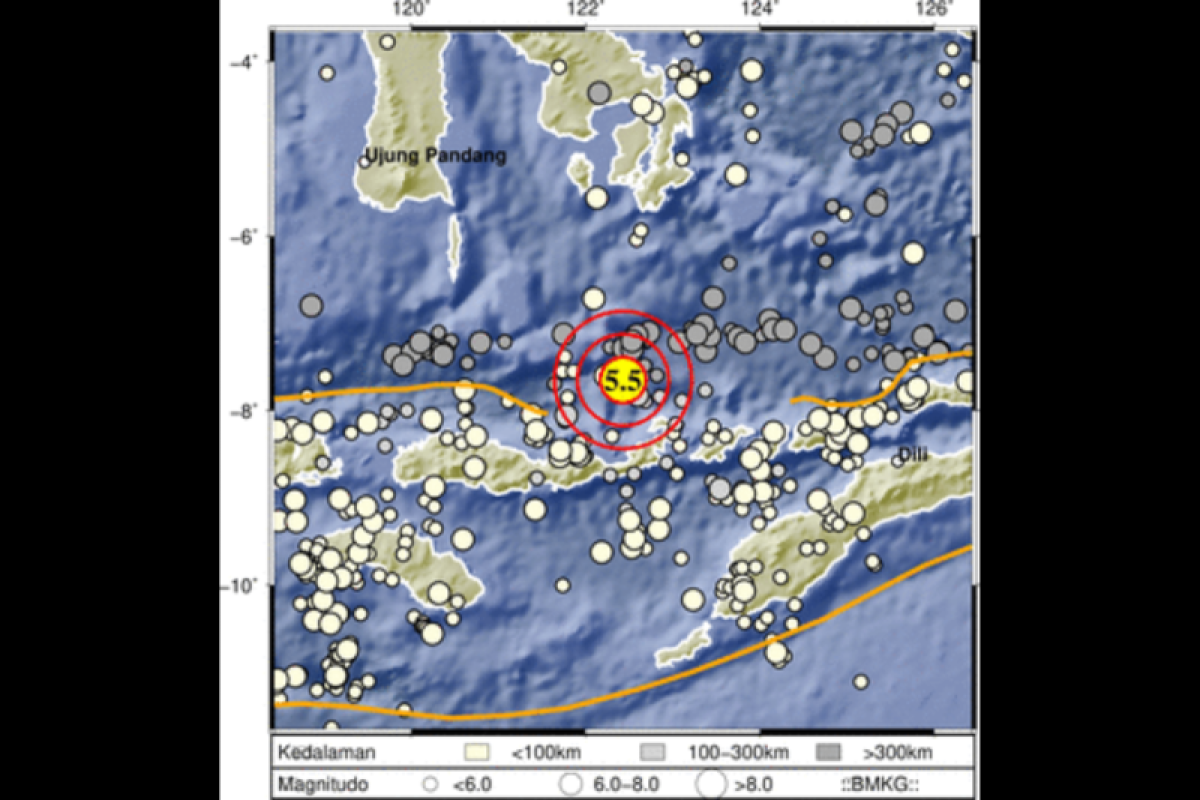 Gempa magnitudo 5,5 guncang barat laut Larantuka