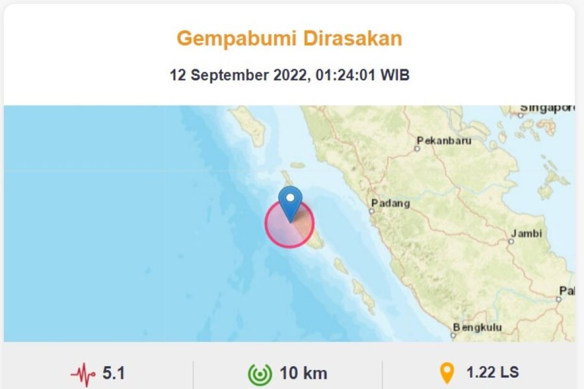 Gempa M 5,1 terjadi di Kepulauan Mentawai, Sumatera Barat