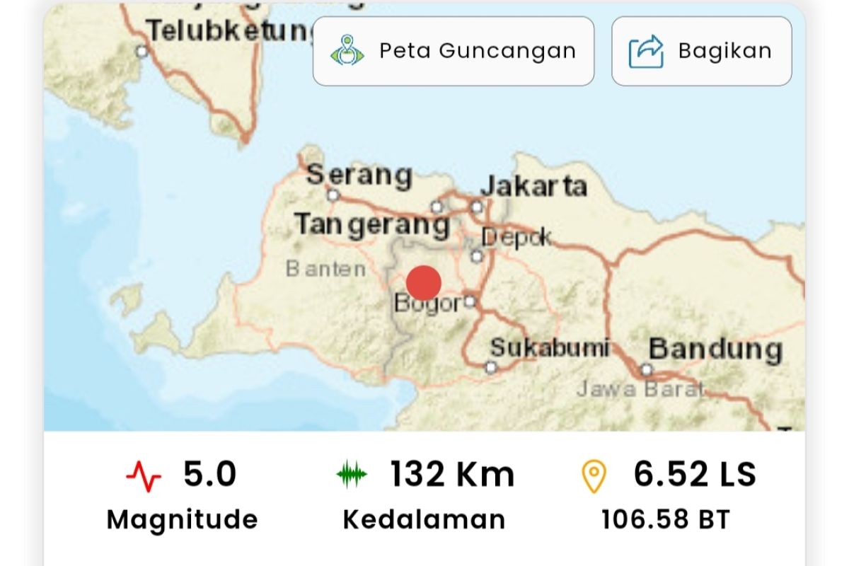 Gempa magnitudo 5 terjadi di Kota Bogor Jawa Barat