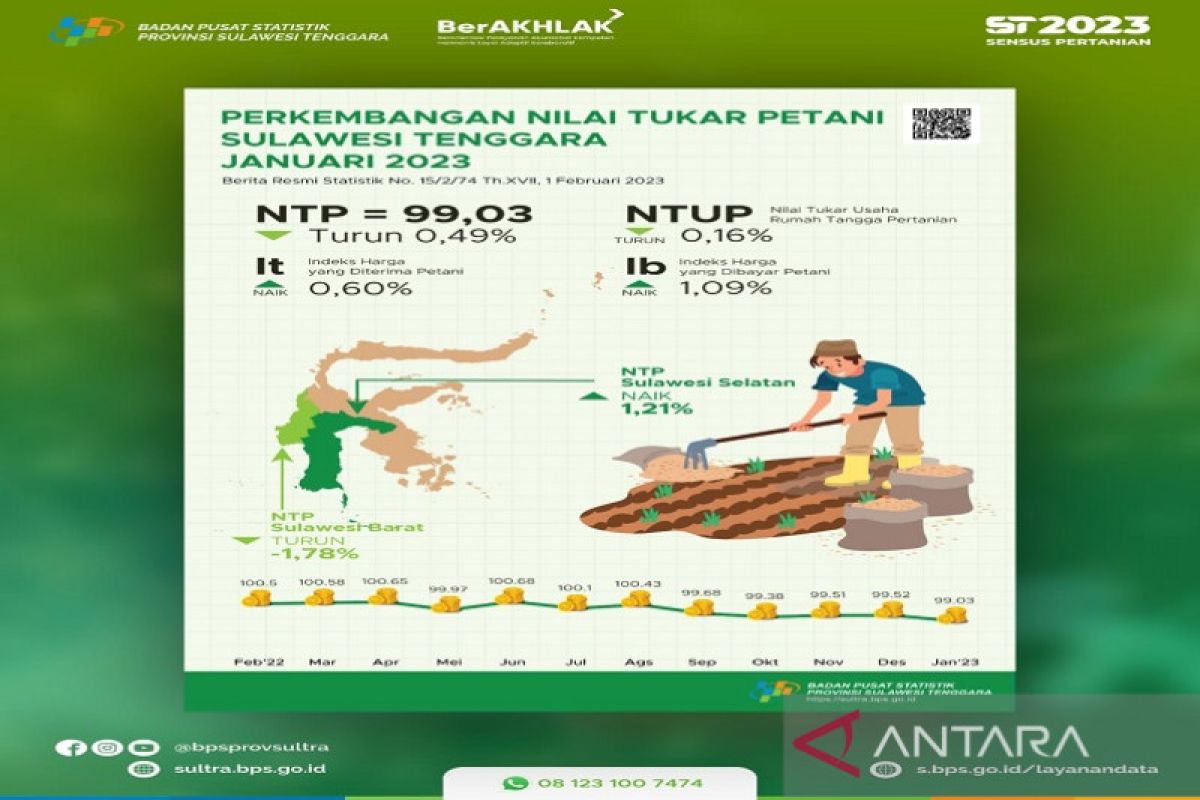 Nilai Tukar Petani di Sultra Januari 2023 turun 0,49 persen