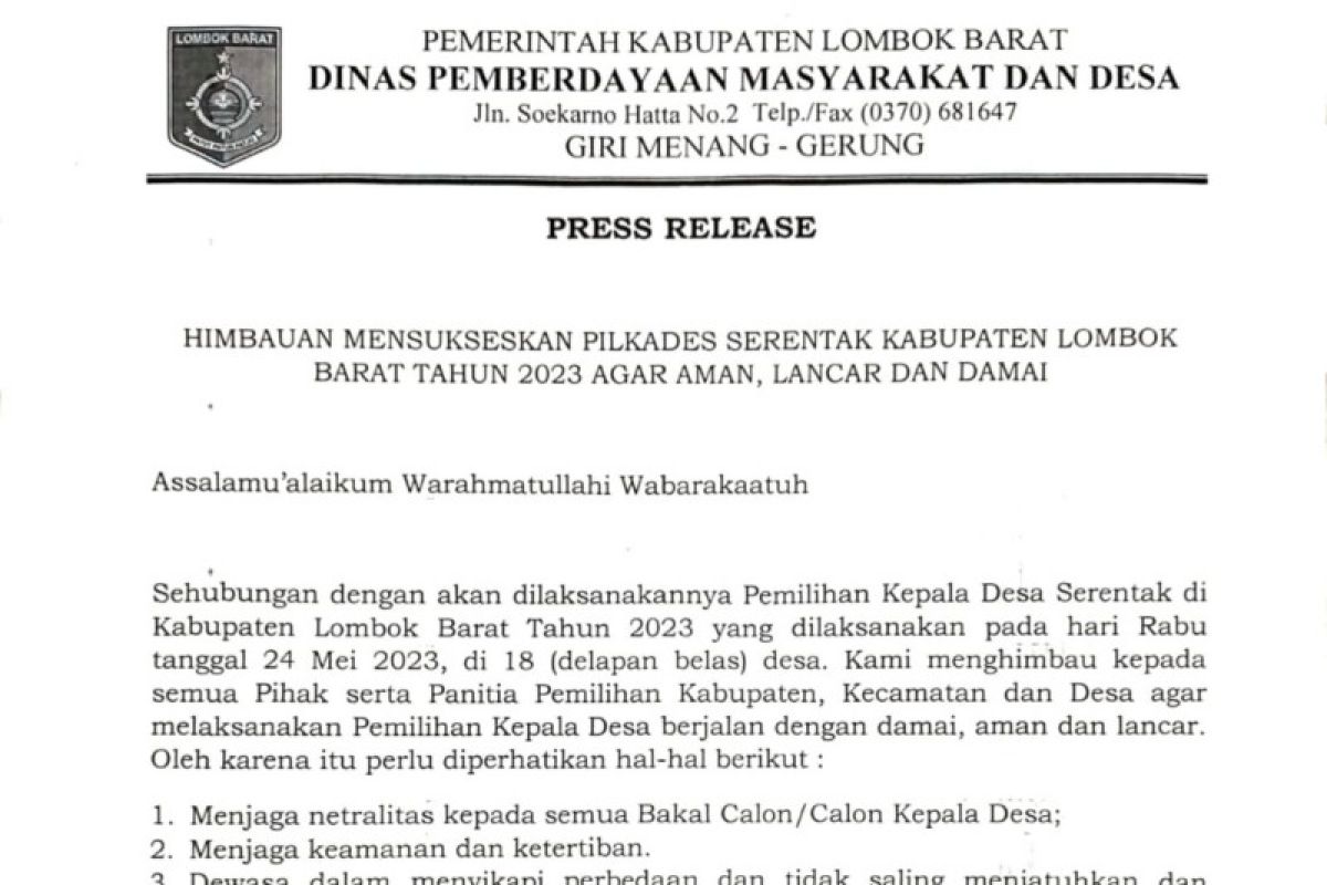 DPMD Lombok Barat imbau warga sukseskan Pilkades serentak 2023