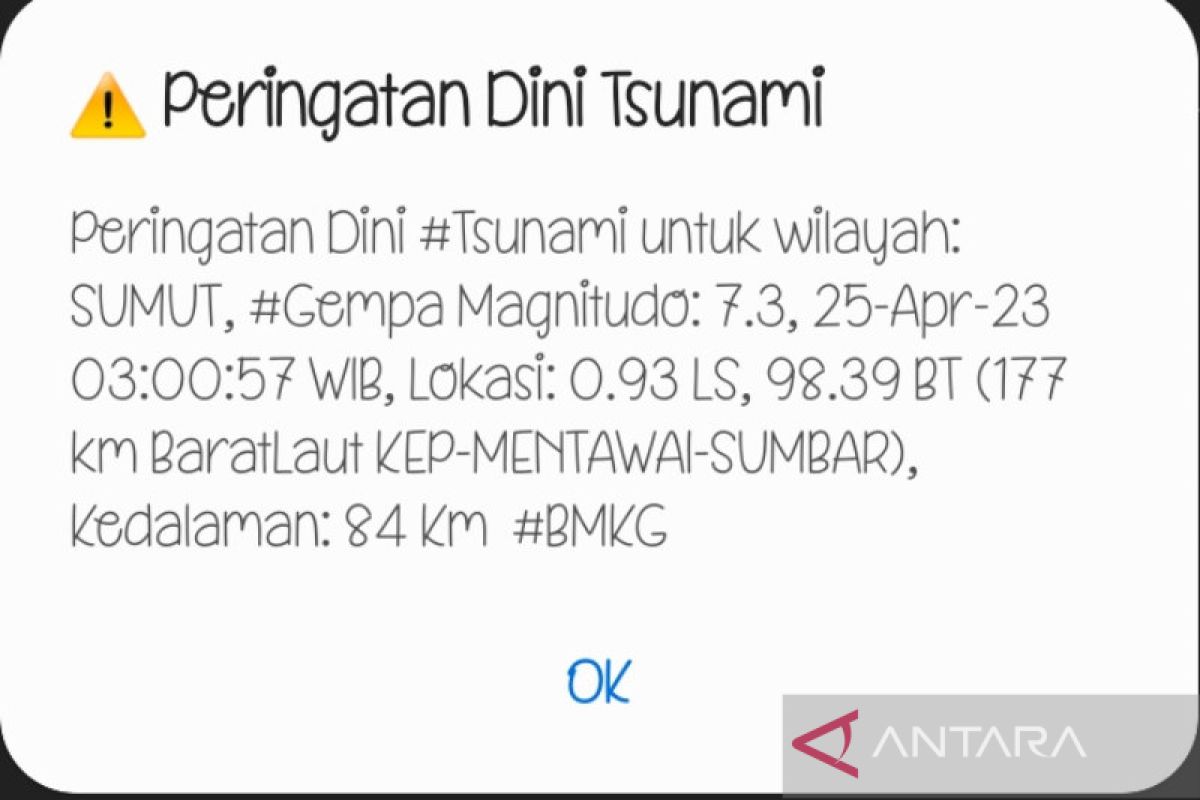 Gempa magnitudo 7,3 guncang Kepulauan Mentawai Sumbar