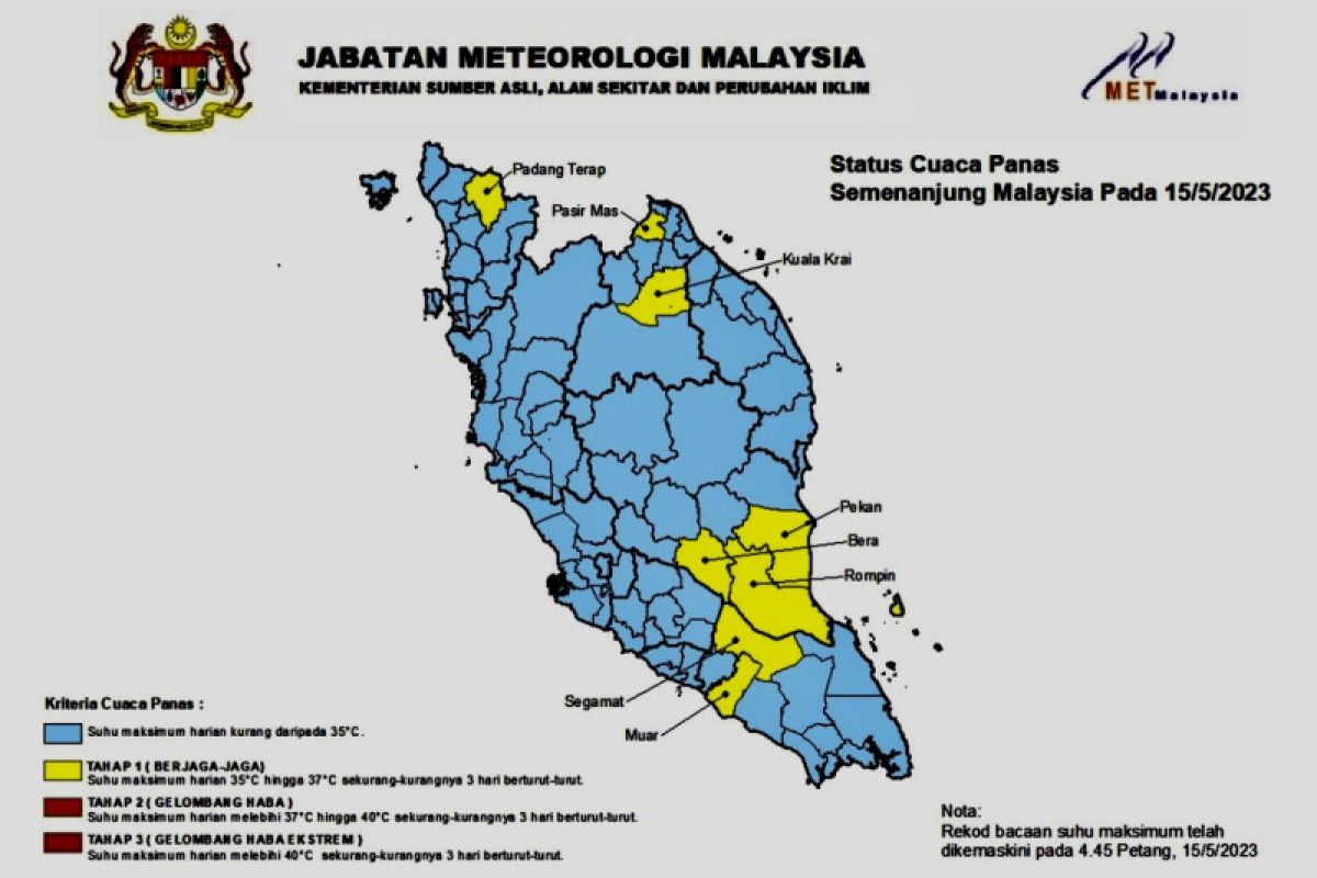 Sejumlah kawasan di Semenanjung Malaysia berstatus berjaga-jaga suhu panas