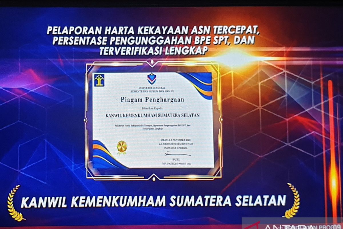 Kemenkumham Sumsel raih penghargaan pelaporan kekayaan ASN