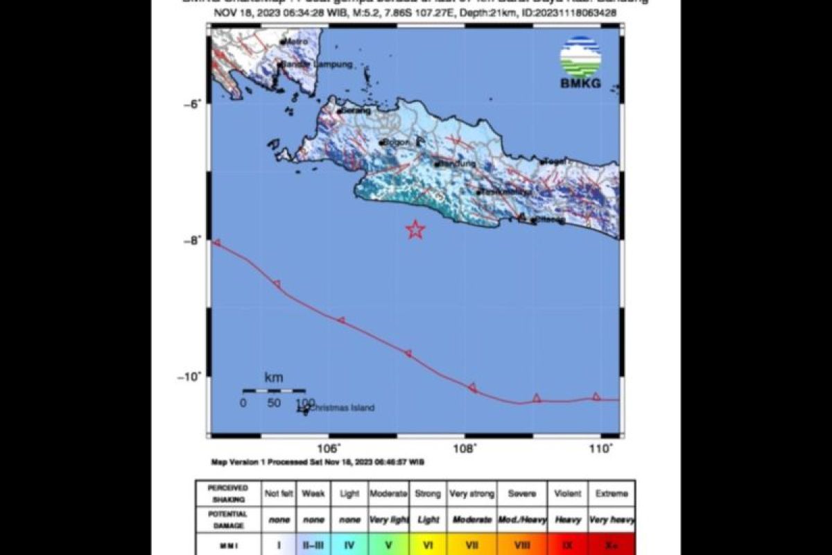 Gempa dengan magnitudo 5,2 terjadi di Barat Daya Kabupaten Bandung