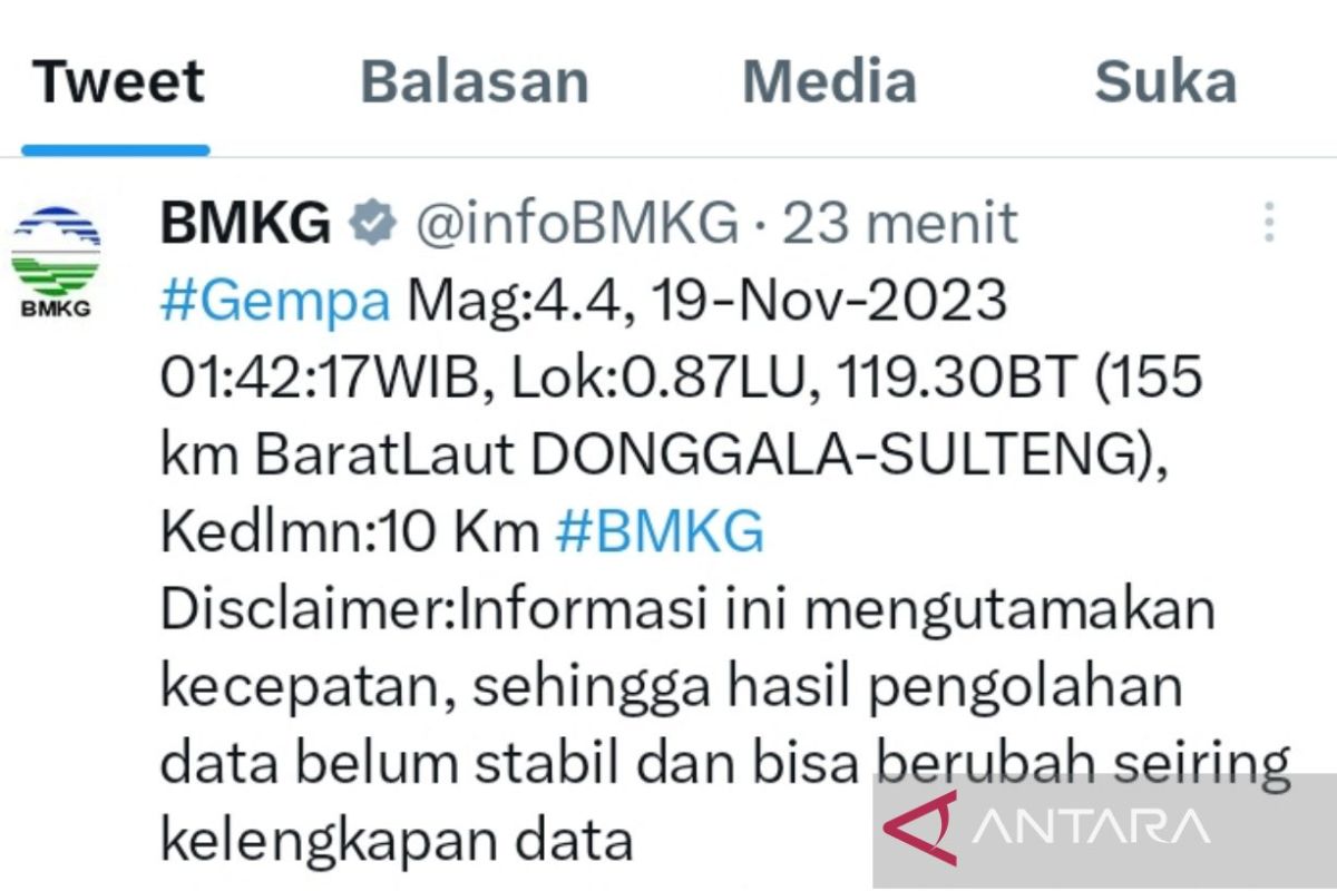 Gempa bumi M 4,4 guncang Donggala, Sulteng