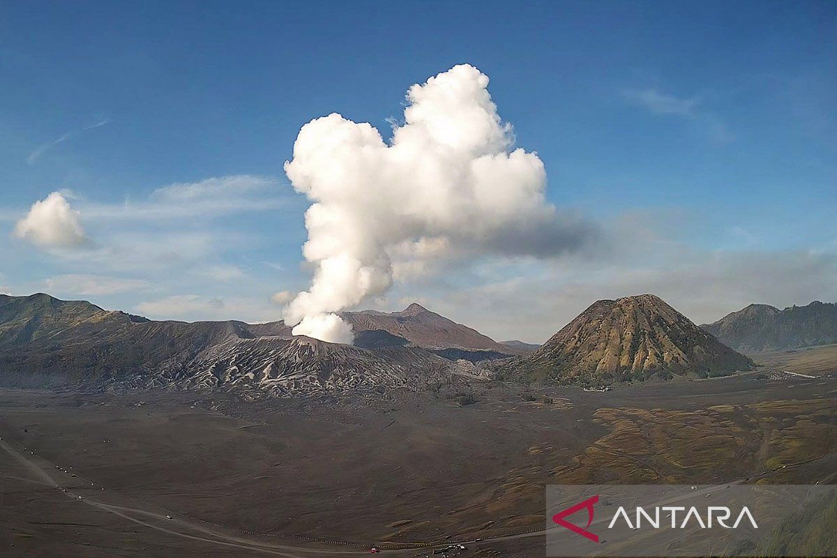 Asap putih tebal membubung setinggi 700 meter di atas puncak Bromo