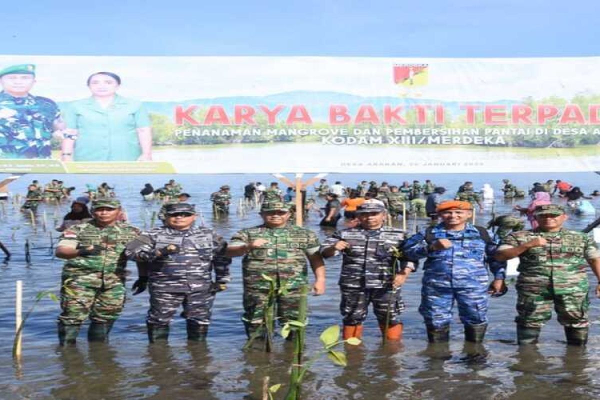 Kodam XIII/Merdeka tanam mangrove di Pantai Arakan Minsel