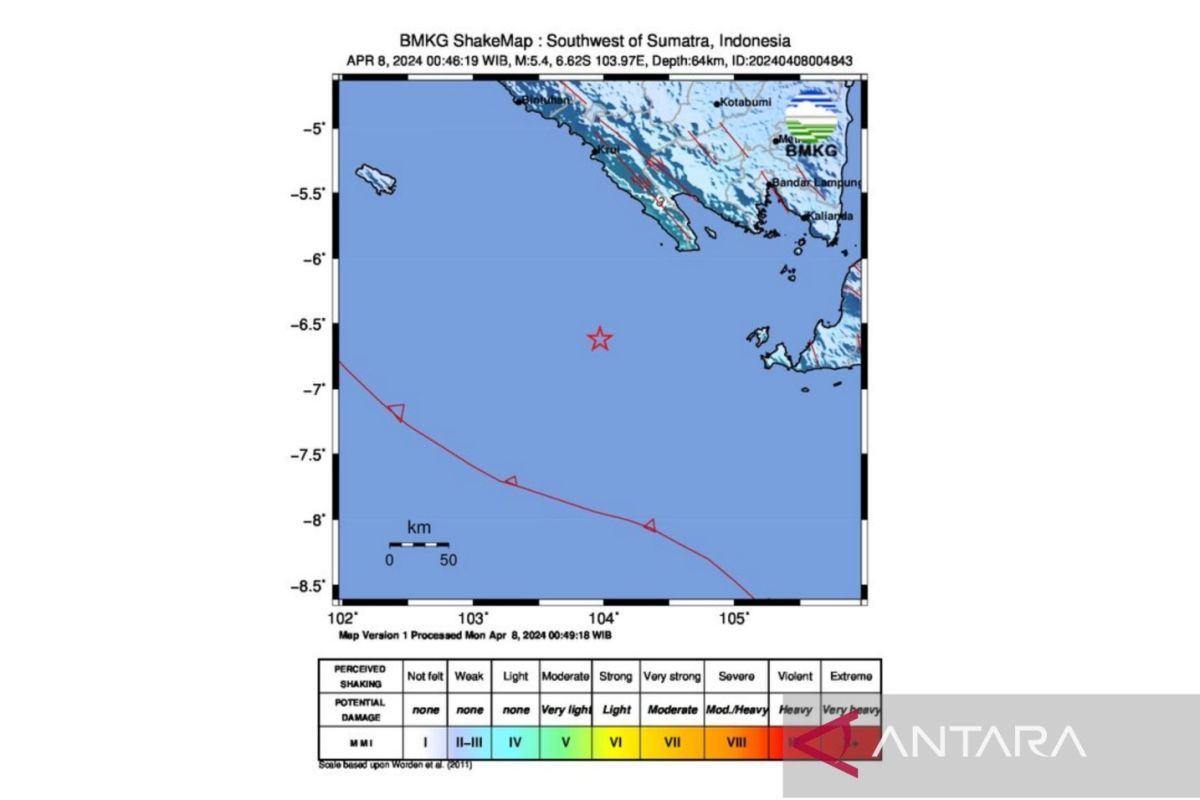 Gempa M-5,4 terjadi di Tanggamus