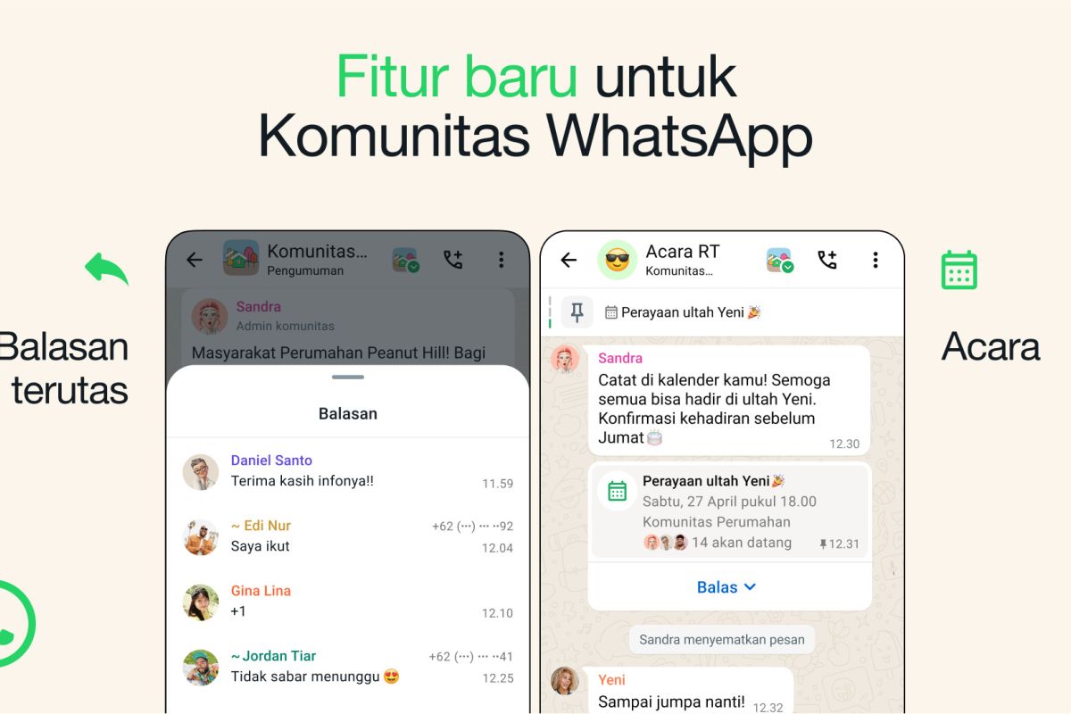 WhatsApp luncurkan fitur acara dan balasan pengumuman di Komunitas