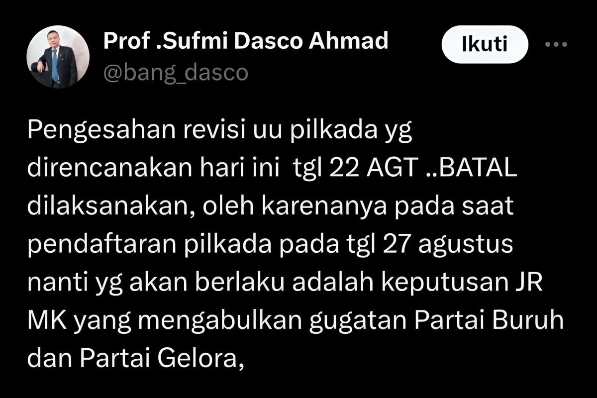 Akademisi nilai cuitan Wakil Ketua DPR Sufmi Dasco bantu dinginkan suasana politik