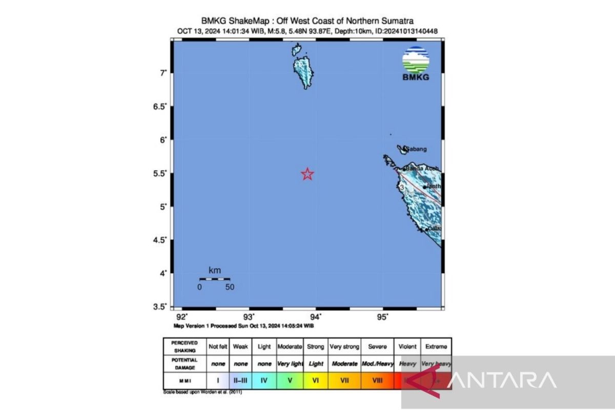 BMKG: Gempa 5,8 magnitudo di Aceh tak berpotensi tsunami