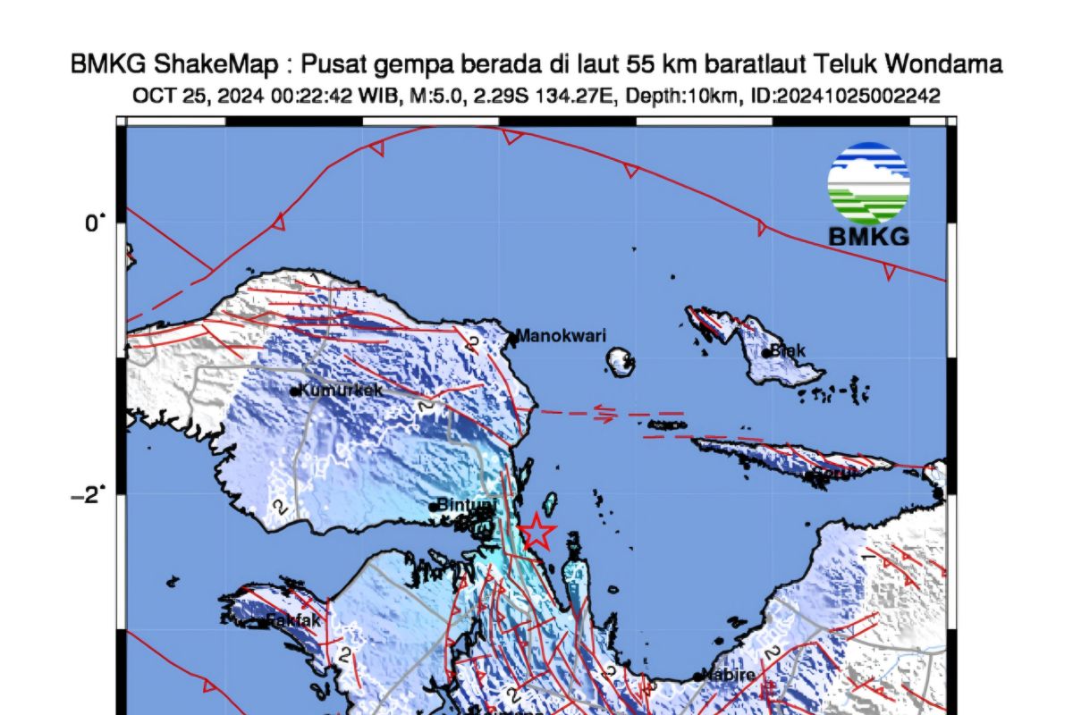 Gempa M=5,0 guncang Teluk Wondama