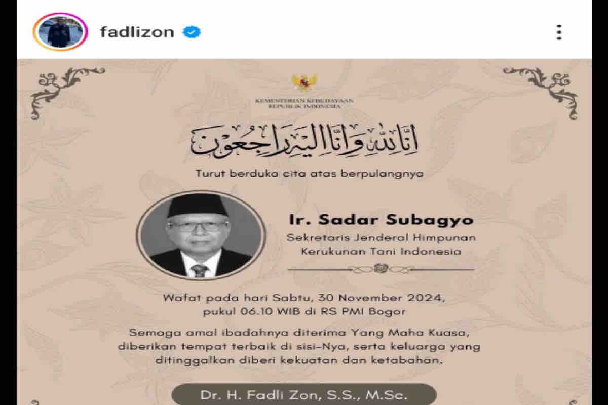 Sekjen HKTI meninggal dunia, Fadli Zon: Pejuang Petani Indonesia