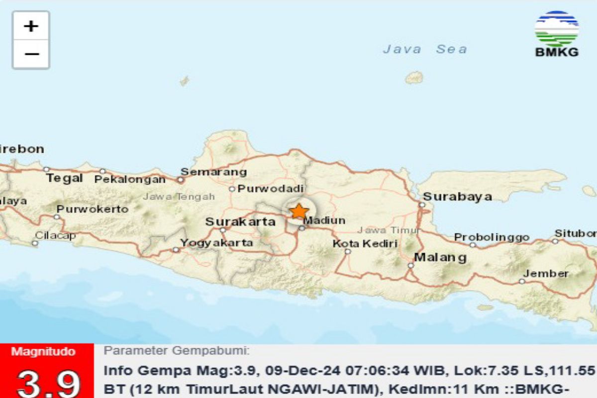 Gempa berkekuatan magnitudo 3,9 dirasakan di wilayah Blora