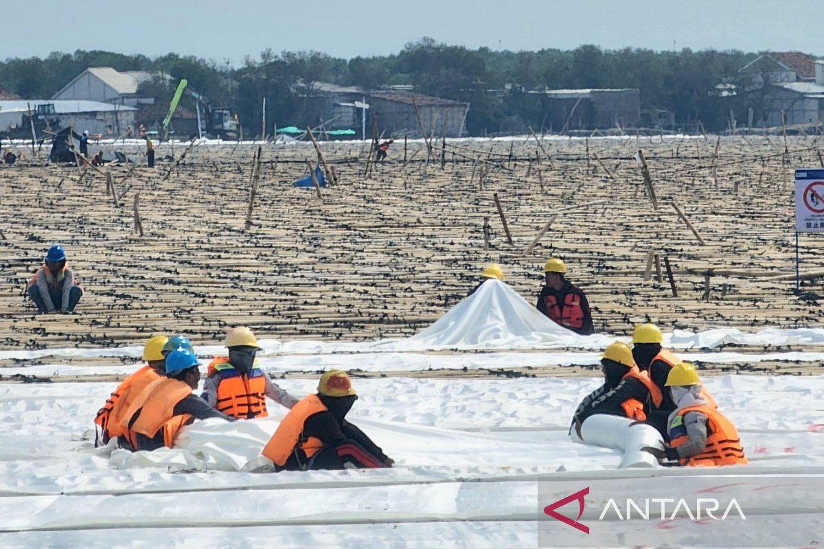 Mengayam matras bambu untuk tol tanggul laut  Semarang-Demak