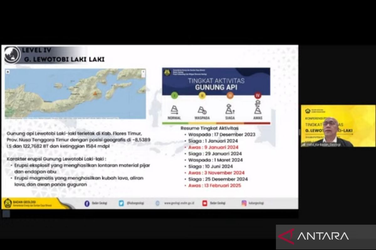 Badan Geologi: Indeks erupsi Gunung Lewotobi  berada pada tingkat 1-3