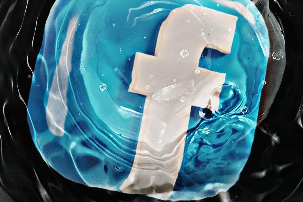 Ilustrasi teknologi kecerdasan buatan (AI) yang sedang memproses data digital di layar ponsel pintar dengan logo Facebook di latar belakang, gaya futuristik dan bersih.