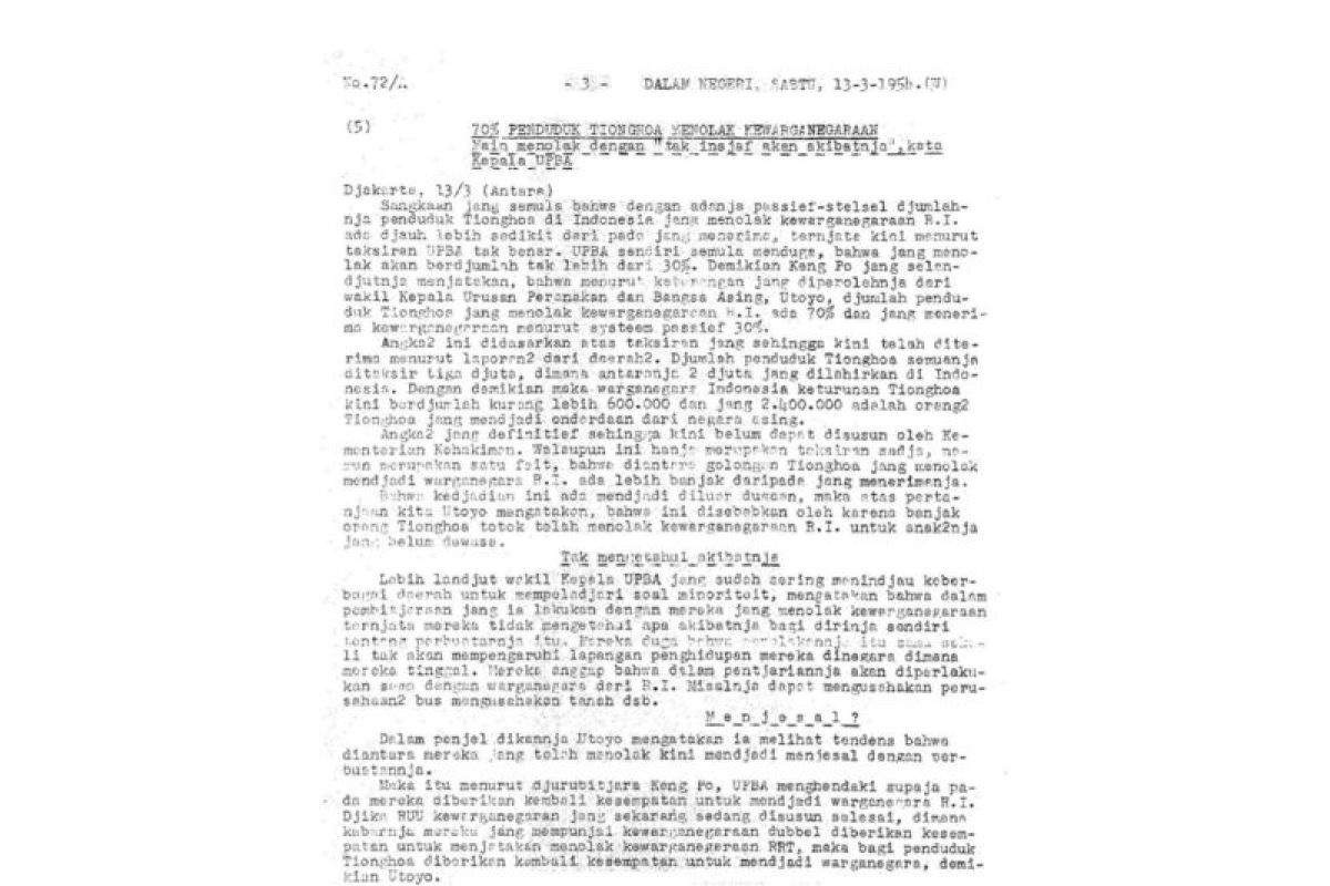 70% penduduk Tionghoa menolak kewarganegaraan RI