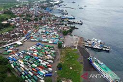 Kondisi air laut surut, antrean kendaraan angkutan barang mengular di Pelabuhan Ketapang