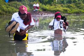 Siswa menyeberangi sungai untuk berangkat ke sekolah Page 1 Small