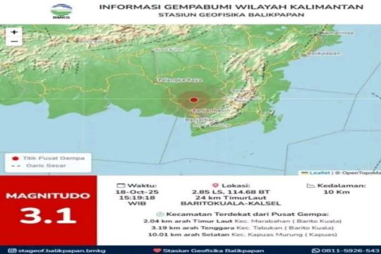 Gempa M 3.1 goyang Kabupaten Batola