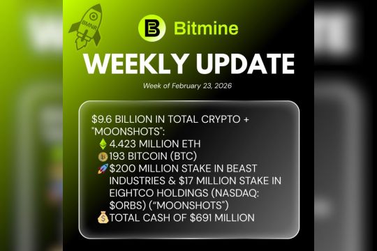 BMNR Umumkan Kepemilikan ETH Mencapai 4,423 Juta Token dan Kepemilikan Kripto Serta Uang Tunai Sebesar $9,6 Miliar